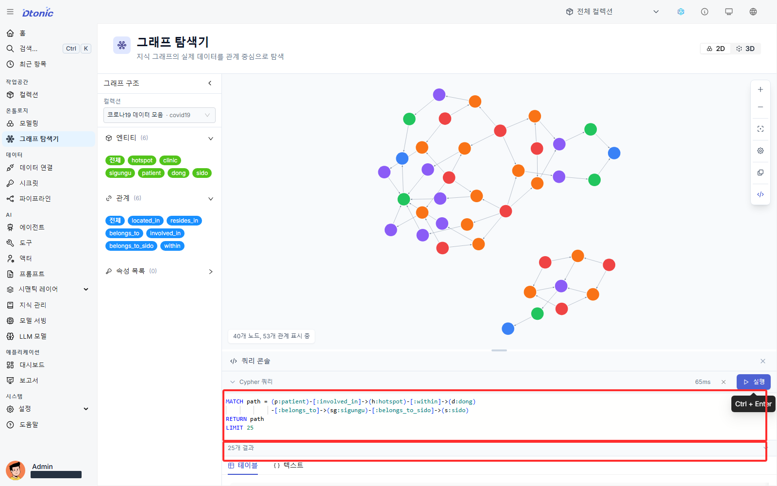 Korean Portal result showing a five-hop 3D graph path from a patient to a sido