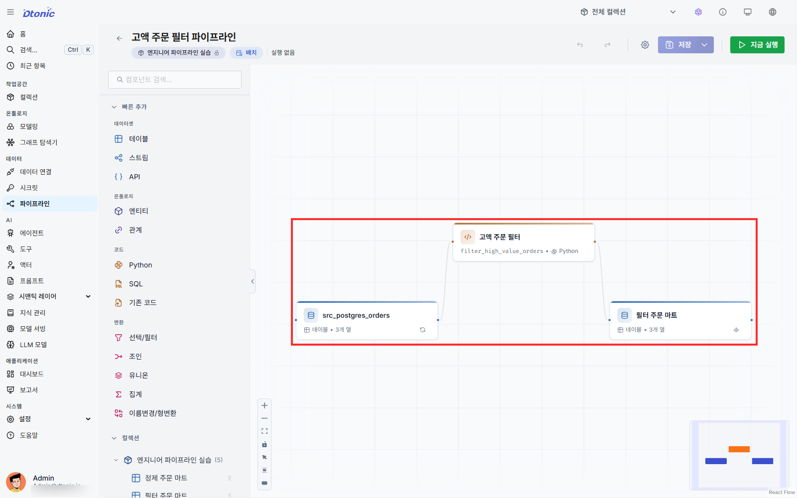 입력 데이터셋과 Python 코드, 출력 데이터셋을 연결한 파이프라인 캔버스