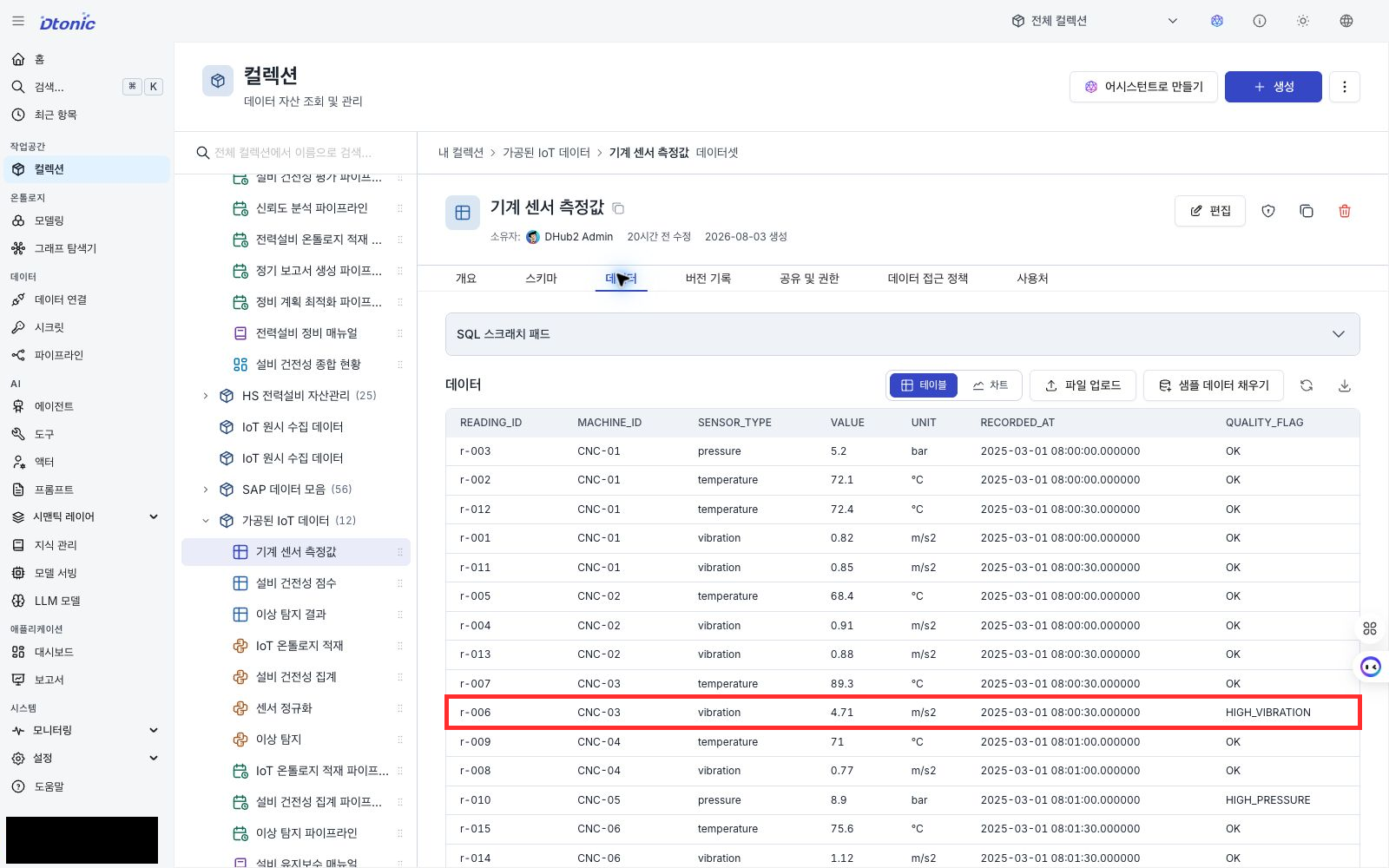 기계 센서 측정값에서 CNC-03의 HIGH_VIBRATION 품질 신호를 확인하는 포털 화면