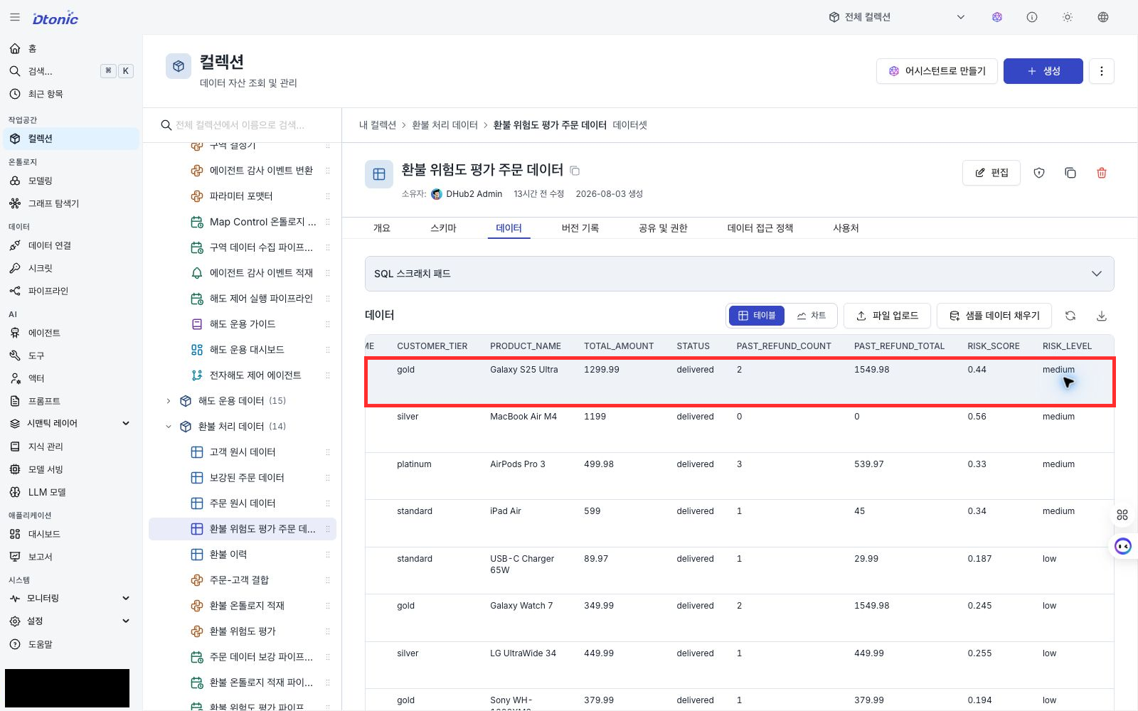 Korean Portal risk-assessed orders showing risk scores and medium risk levels
