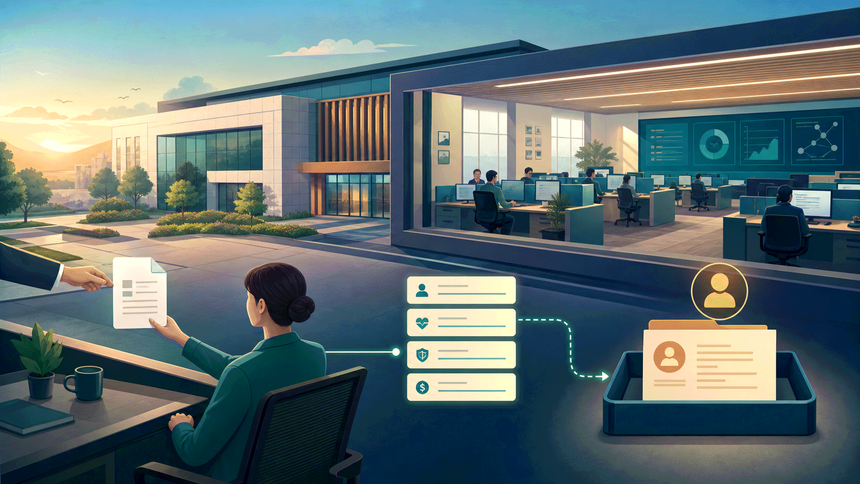 Fictional insurance building and claims room where one document flows into structured data and a human-review queue