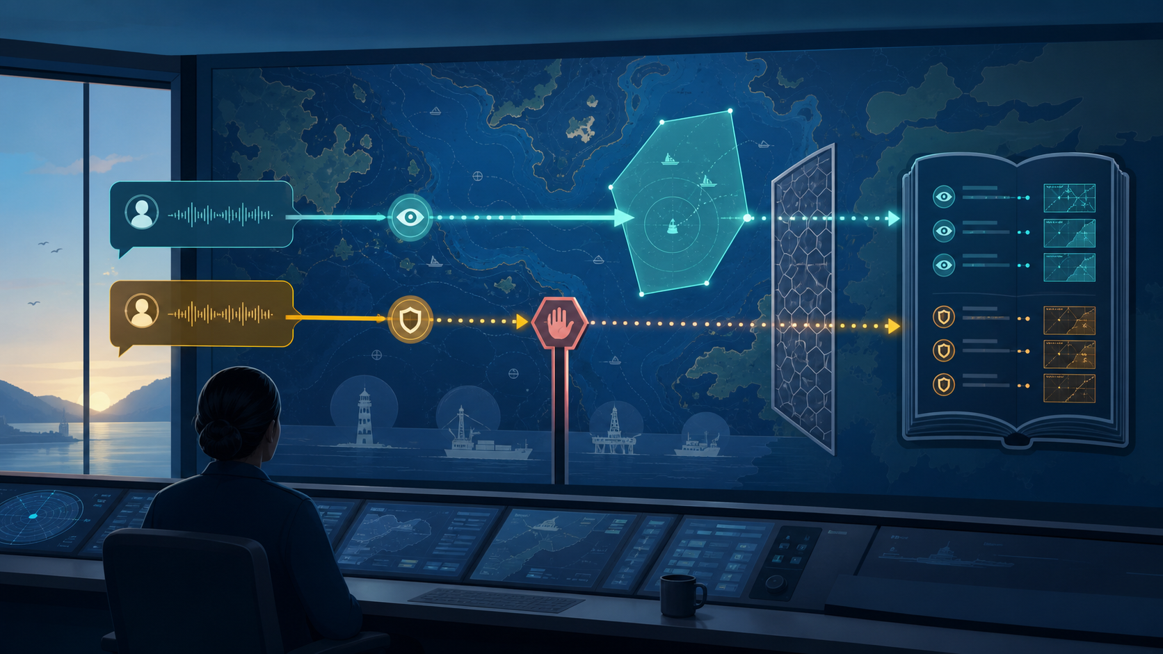 Fictional maritime operations-room illustration where a zone display command reaches map coordinates, a data query stops at a safety gate, and both requests enter an audit history