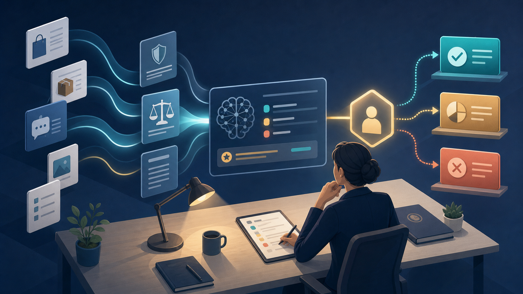 A fictional QuickReturn specialist reviews order evidence and policy before making the final decision on an AI refund recommendation
