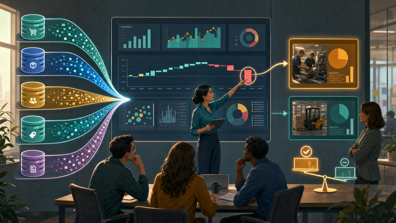 Fictional analysis room connecting five ERP data streams to review a month-end sales change